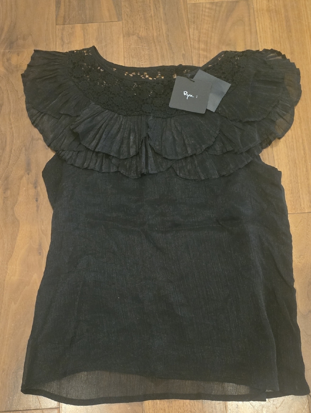 Ryu Black Ruffled Lace-Yoke Sleeveless Camisole